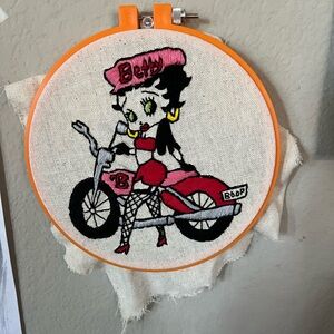 Betty Boop Pink, Black & Orange Motorcycle Embroidery Hoop